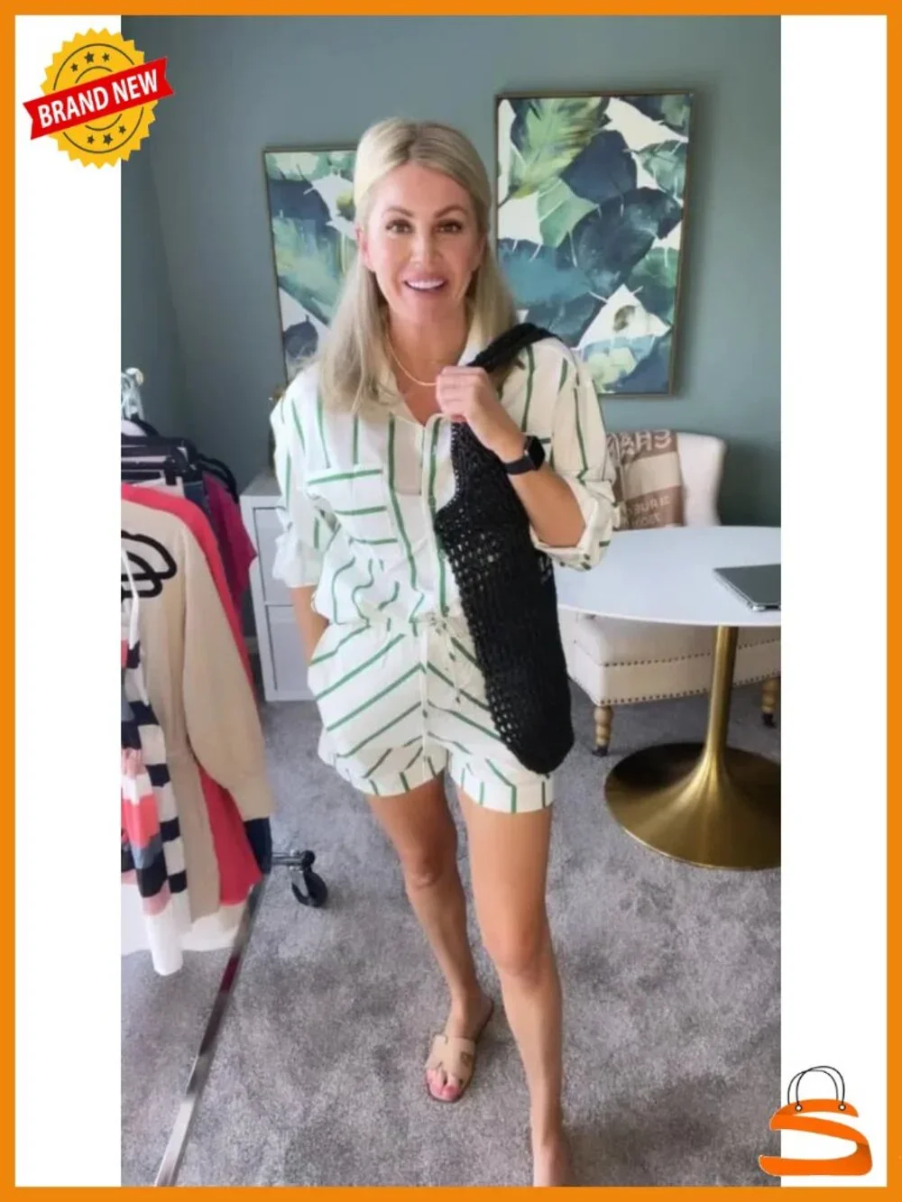 Striped 2 Piece Button Down Shirt and Shorts Lounge Matching Set